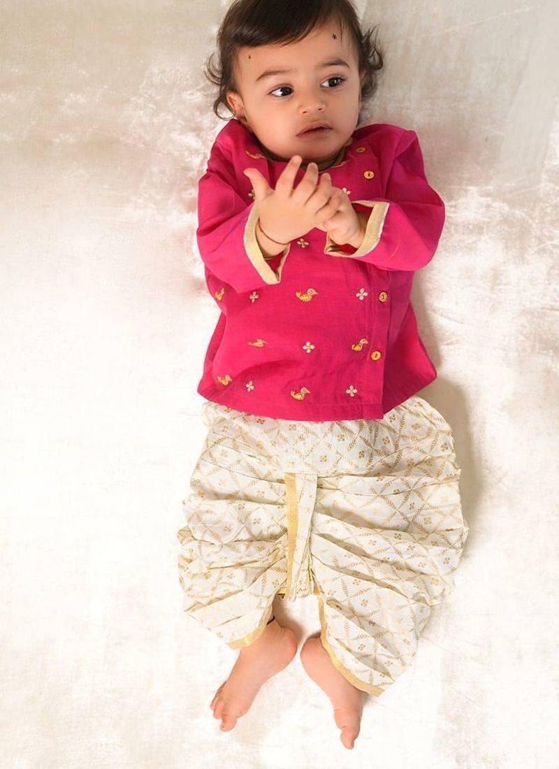 Pink embroidered viscose dhoti kurta set
