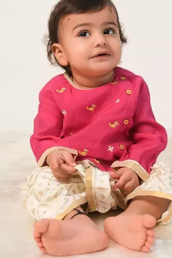 Pink embroidered viscose dhoti kurta set