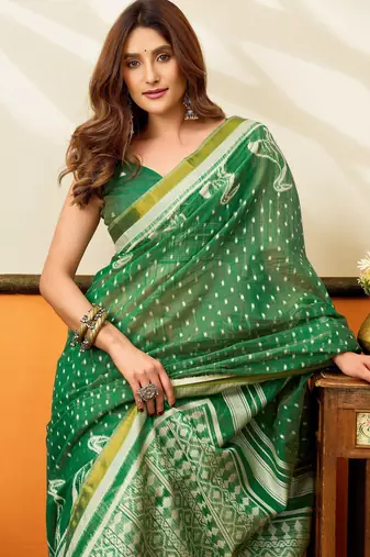 green smart cotton blend based sophisticated woven jacquard designer saree
