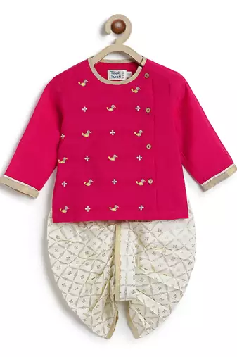 Pink embroidered viscose dhoti kurta set