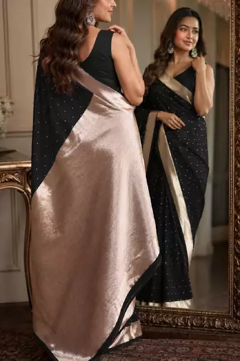Black soft silk blend banarasi jacuard work festive saree with unstitched blouse piece
