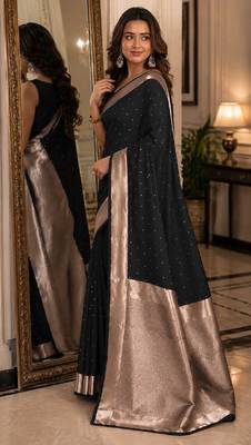 Black soft silk blend banarasi jacuard work festive saree with unstitched blouse piece 4