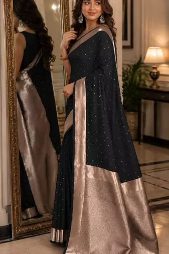 Black soft silk blend banarasi jacuard work festive saree with unstitched blouse piece