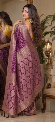 Wine soft silk blend banarasi jacuard work festive saree with unstitched blouse piece 3