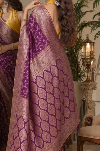 Wine soft silk blend banarasi jacuard work festive saree with unstitched blouse piece