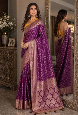 Wine soft silk blend banarasi jacuard work festive saree with unstitched blouse piece 4