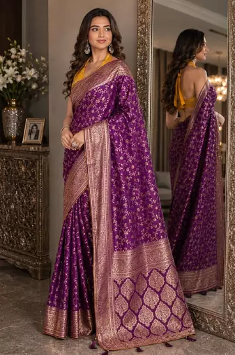 Wine soft silk blend banarasi jacuard work festive saree with unstitched blouse piece