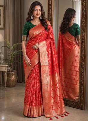 Red soft silk blend banarasi jacuard work festive saree with unstitched blouse piece 1