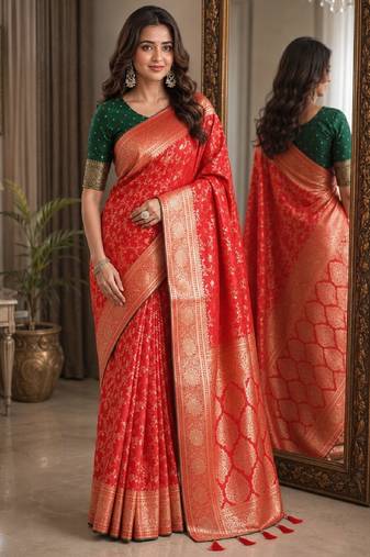 Red soft silk blend banarasi jacuard work festive saree with unstitched blouse piece