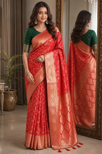 Red soft silk blend banarasi jacuard work festive saree with unstitched blouse piece