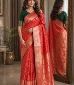 Red soft silk blend banarasi jacuard work festive saree with unstitched blouse piece