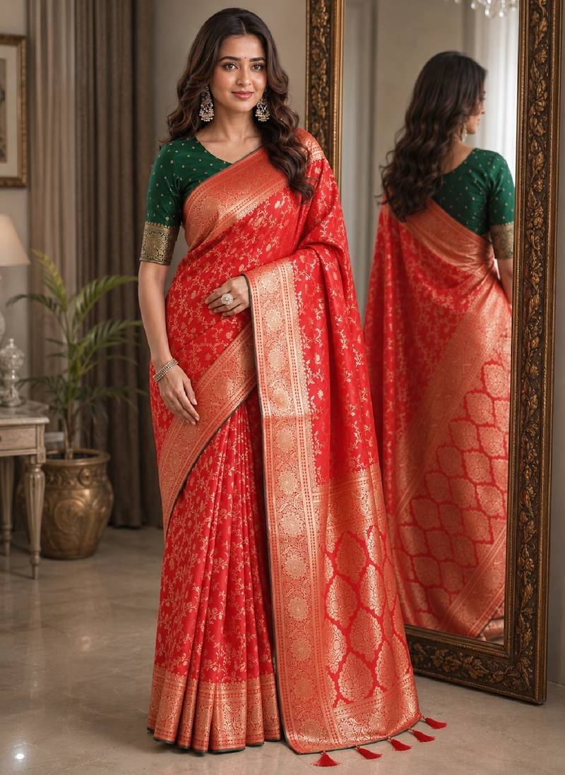 Red soft silk blend banarasi jacuard work festive saree with unstitched blouse piece