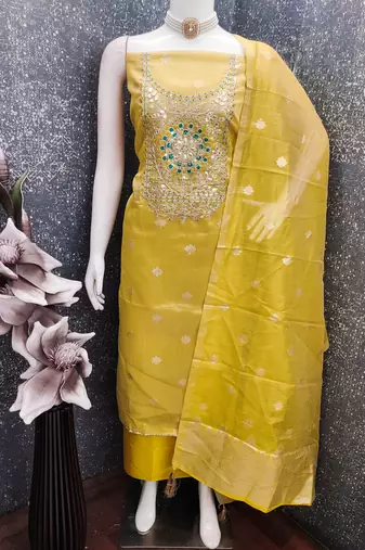  embroidered shimmer unstitched dress material with mirror work yoke