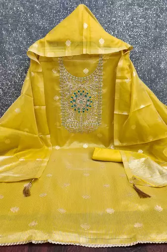  embroidered shimmer unstitched dress material with mirror work yoke