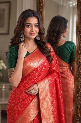 Red soft silk blend banarasi jacuard work festive saree with unstitched blouse piece 2