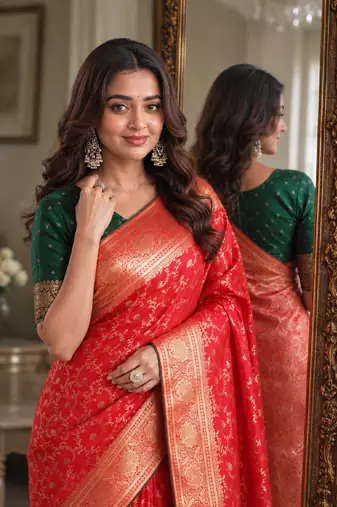 Red soft silk blend banarasi jacuard work festive saree with unstitched blouse piece