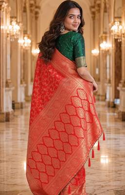 Red soft silk blend banarasi jacuard work festive saree with unstitched blouse piece 3
