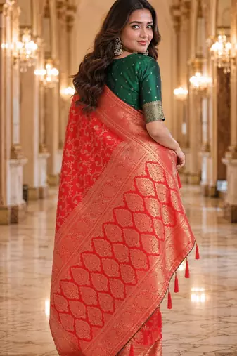 Red soft silk blend banarasi jacuard work festive saree with unstitched blouse piece