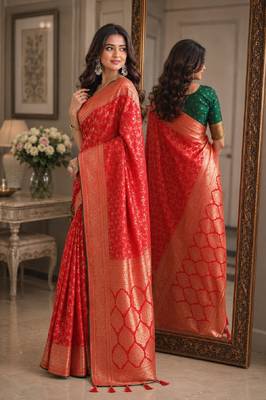 Red soft silk blend banarasi jacuard work festive saree with unstitched blouse piece 4