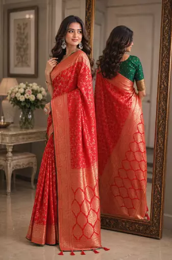 Red soft silk blend banarasi jacuard work festive saree with unstitched blouse piece