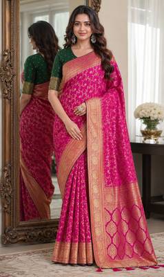 Pink soft silk blend banarasi jacuard work festive saree with unstitched blouse piece 1