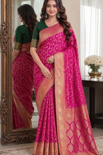 Pink soft silk blend banarasi jacuard work festive saree with unstitched blouse piece