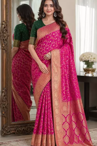 Pink soft silk blend banarasi jacuard work festive saree with unstitched blouse piece