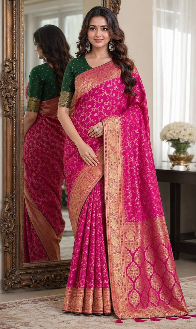 Pink soft silk blend banarasi jacuard work festive saree with unstitched blouse piece