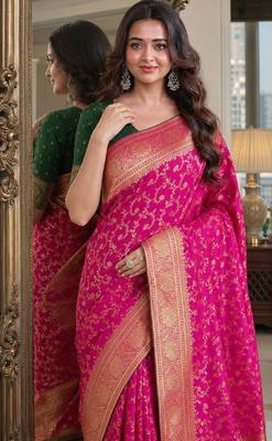 Pink soft silk blend banarasi jacuard work festive saree with unstitched blouse piece 2