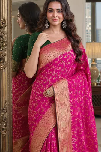 Pink soft silk blend banarasi jacuard work festive saree with unstitched blouse piece