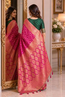 Pink soft silk blend banarasi jacuard work festive saree with unstitched blouse piece 3