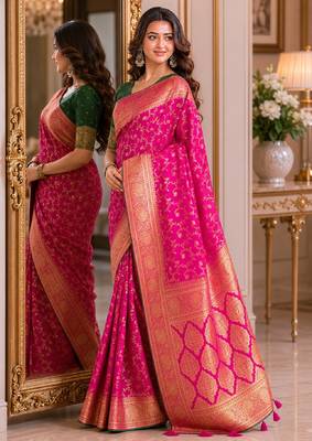 Pink soft silk blend banarasi jacuard work festive saree with unstitched blouse piece 4