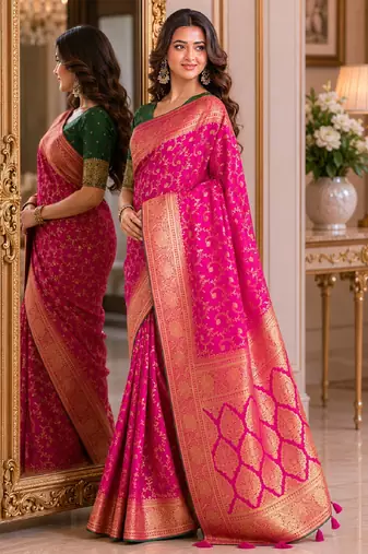 Pink soft silk blend banarasi jacuard work festive saree with unstitched blouse piece