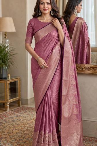 Onion soft silk blend banarasi jacuard work festive saree with unstitched blouse piece
