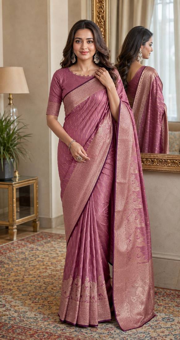 Onion soft silk blend banarasi jacuard work festive saree with unstitched blouse piece