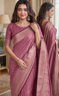 Onion soft silk blend banarasi jacuard work festive saree with unstitched blouse piece 2