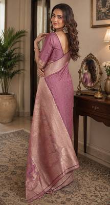 Onion soft silk blend banarasi jacuard work festive saree with unstitched blouse piece 3