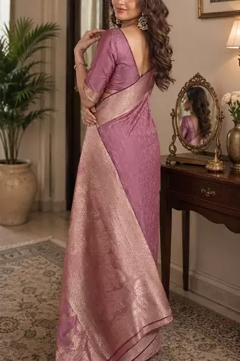 Onion soft silk blend banarasi jacuard work festive saree with unstitched blouse piece