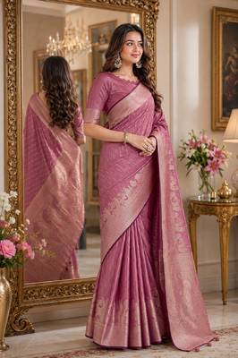 Onion soft silk blend banarasi jacuard work festive saree with unstitched blouse piece 4