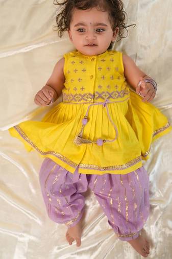 Yellow embroidered chanderi silk angrakha kurti set