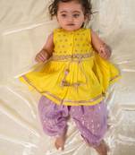 Yellow embroidered chanderi silk angrakha kurti set