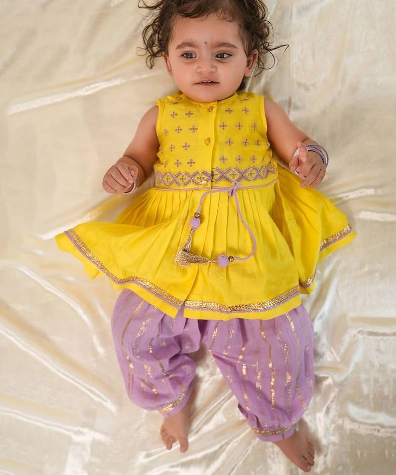 Yellow embroidered chanderi silk angrakha kurti set