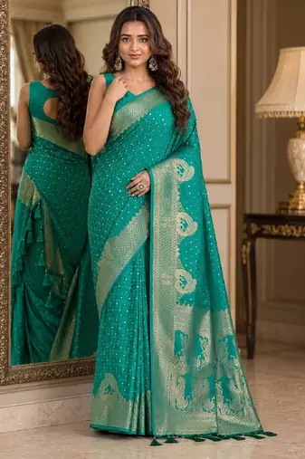 Teal green soft silk blend banarasi jacuard work festive saree with unstitched blouse piece