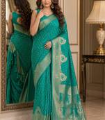 Teal green soft silk blend banarasi jacuard work festive saree with unstitched blouse piece