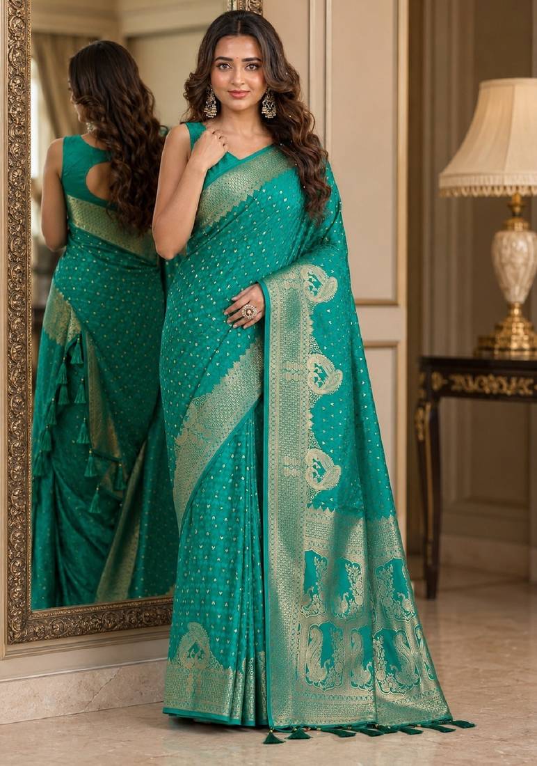 Teal green soft silk blend banarasi jacuard work festive saree with unstitched blouse piece