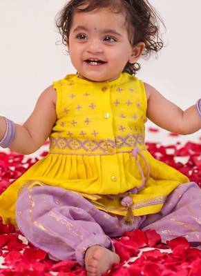 Yellow embroidered chanderi silk angrakha kurti set 2