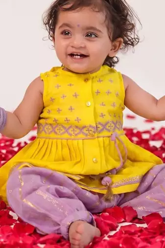 Yellow embroidered chanderi silk angrakha kurti set
