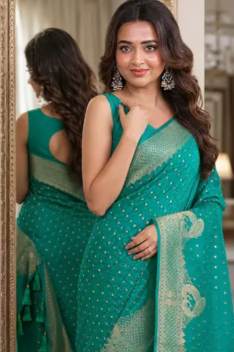 Teal green soft silk blend banarasi jacuard work festive saree with unstitched blouse piece