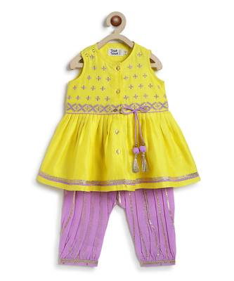 Yellow embroidered chanderi silk angrakha kurti set 3
