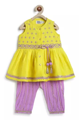 Yellow embroidered chanderi silk angrakha kurti set